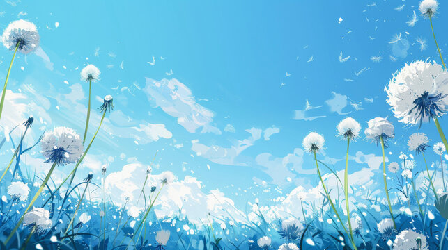 A serene digital artwork depicting a field of dandelions with seeds blowing in the wind under a bright sky with fluffy clouds.