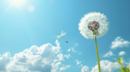 Fototapeta premium A dandelion seed floats away from the flower head against a backdrop of a clear blue sky dotted with fluffy white clouds.