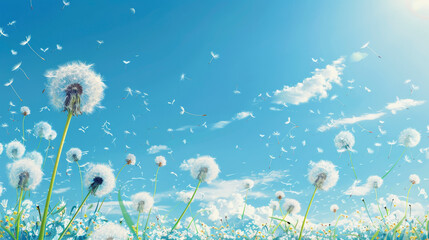 A serene field of dandelions with seeds dispersing in the breeze under a bright blue sky with fluffy clouds. A symbol of natural tranquility.