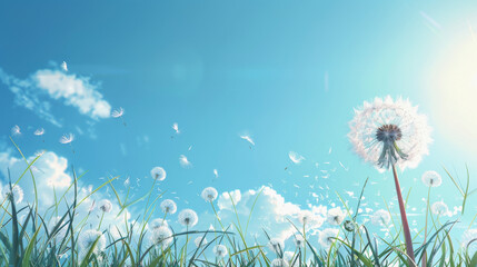 A serene image featuring a dandelion with dispersed seeds flying in the wind, set against a backdrop of clear blue sky and green grass. - Powered by Adobe