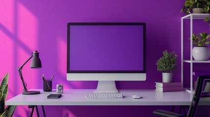 Graphic of a minimalist digital marketing agency workspace in vibrant violet, ideal for advertising industry insights.