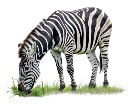 Zebra chewing grass isolated on white