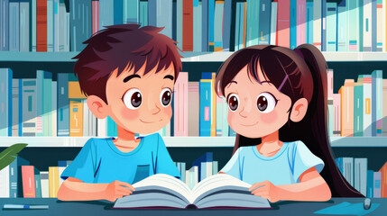 Two animated children, a boy and a girl, are sitting at a table in a library with a book open in front of them, surrounded by bookshelves.