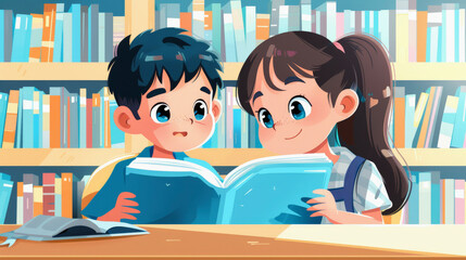 Two animated children reading a book together in a library, surrounded by shelves of books, with expressions of curiosity and enjoyment on their faces.