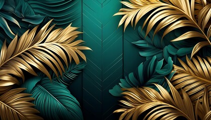 Wallpaper tropical leaves plant in green and gold color with solid background
