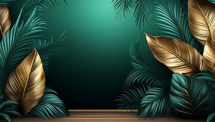 Wallpaper tropical leaves plant in green and gold color with solid background