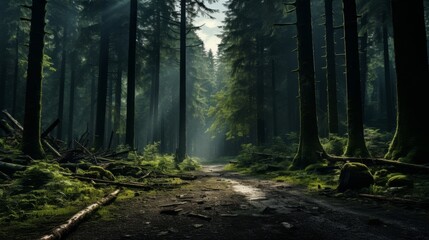 Naklejka premium Enchanting forest path through lush greenery