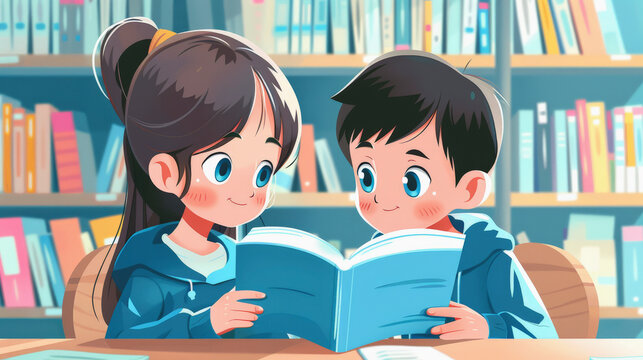 Two animated children are happily reading a book together in a library full of shelves stocked with colorful books. They are engaged and curious.