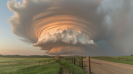 A massive, swirling supercell thunderstorm looms over a rural road, displaying dramatic formations and the powerful forces of nature at play.