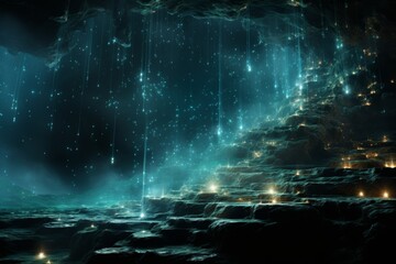 Magical underwater fantasy landscape with glowing stars and lights
