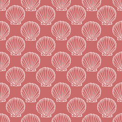 Seashells seamless pattern with line art illustration in white color on pink background. Scallop sketch, seashell line drawing. Summer beach ocean print for background, textile, fabric