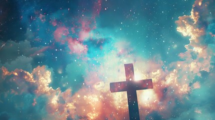 Mystical double exposure of a cross and a star-filled sky suggesting the vastness and wonder of God's creation