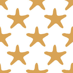 Seashells seamless pattern with starfish silhouette illustration in yellow color. Sea star sketch, seashell drawing. Summer beach seaside print for background, textile, fabric, wrapping paper