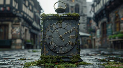 Ultra HD picture of a slate grey mechanical clock, its face obscured by creeping moss in an ancient town square