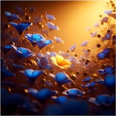 A yellow flower in a field of blue flowers