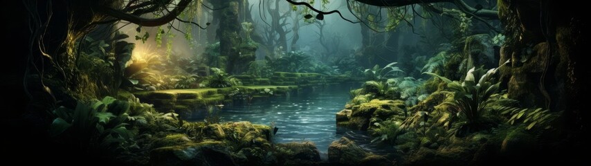 enchanted forest landscape with glowing pond