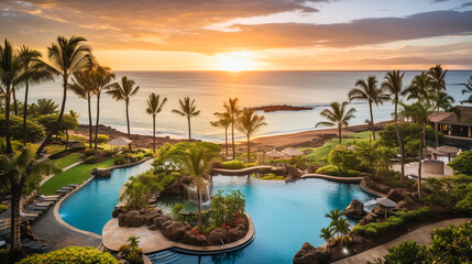 Fototapeta premium Sunset casts a tranquil glow over a Hawaiian resort, with its infinity pool blending into the sea.