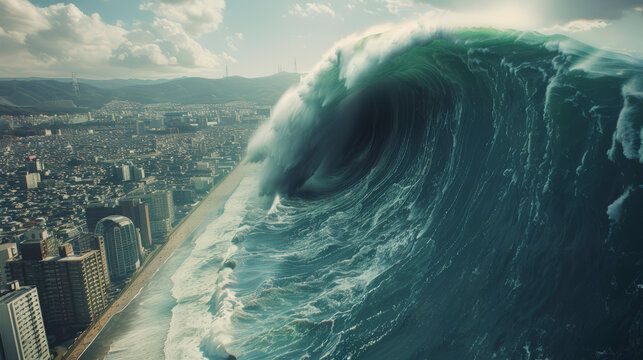 A colossal tsunami wave looms over a densely populated city, with the skyline in the background, suggesting an imminent natural disaster in an urban setting.