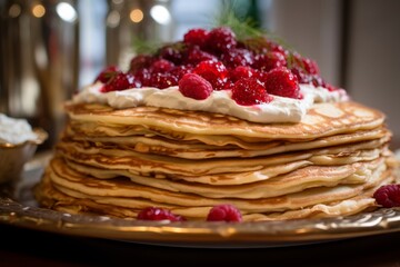 Delicious homemade pancakes with fresh raspberries