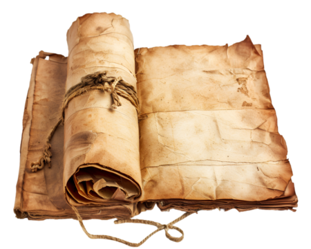 Old paper scroll or parchment paper on transparent background