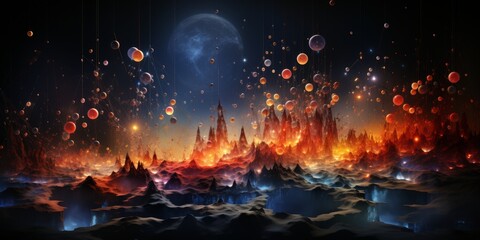 Surreal alien landscape with glowing mountains and floating orbs
