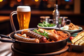 delicious grilled sausages and vegetables served with beer
