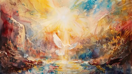 Radiant watercolor depiction of the baptism of Jesus with a dove descending from heaven
