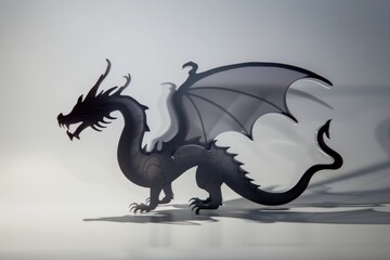 A black dragon with a long tail and wings. The dragon is standing on a white background. The dragon has a menacing look on its face, and its wings are spread wide open