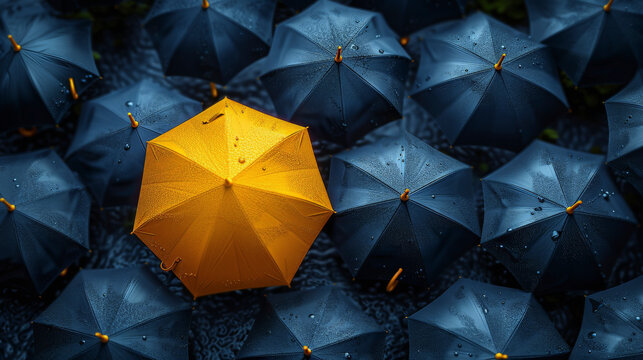 A collection of blue umbrellas with a single yellow umbrella standing out in the middle; a metaphor for uniqueness or nonconformity in a uniform group.