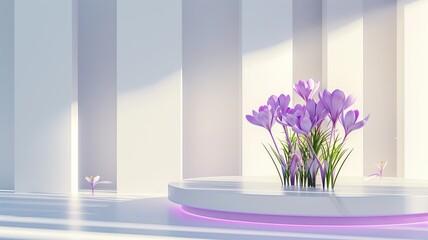 Purple crocus flowers in a modern, minimalistic indoor setting with purple lighting.