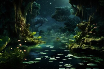 Enchanting Moonlit Forest Landscape with Glowing Lily Pads