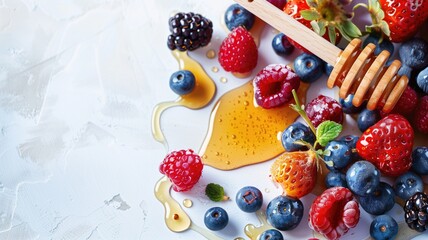Assorted berries drizzled with honey, artfully arranged on a white surface, displaying a splash of...