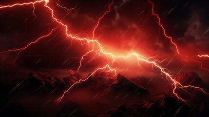 Intense Red Lightning Over Rugged Mountains Illustrating a Powerful Thunderstorm at Night
