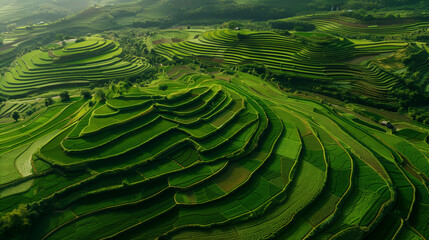 Fototapeta premium Panoramic View of Terraced Green Hills for Agriculture