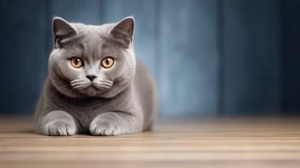 A British Shorthair cat sits contemplatively against a serene blue background, its thoughtful gaze and plush fur inviting a moment of calm