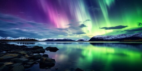 Breathtaking aurora borealis over snowy mountains and lake