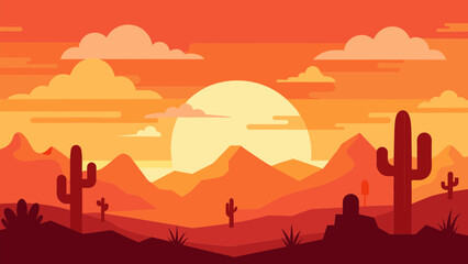 Wild Western Texas desert sunset with mountains and cactus in flat cartoon style vector. Sunset desert landscape. 
