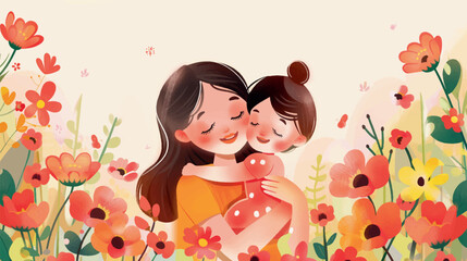 mother hugging her daughter watercolor draw background flowers 