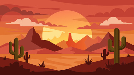 Wild Western Texas desert sunset with mountains and cactus in flat cartoon style vector. Sunset desert landscape. 