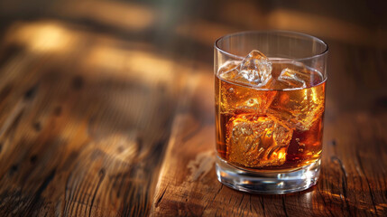 Glass of Cognac, Brandy, Whiskey on wooden surface. Rustic. Classic. Drink. Scotch. Bourbon. Whisky. Close up.