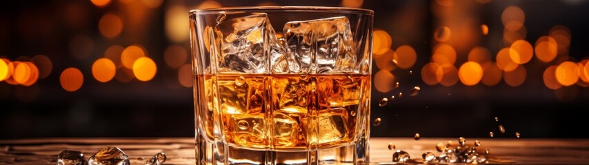 close-up of whiskey glass with ice cubes