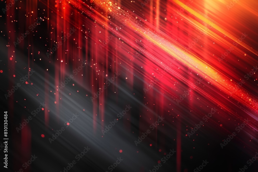 Poster this image features captivating red particles and beams cascading down against a sleek dark backgrou