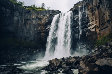 Obraz premium Powerful waterfall cascading down rugged cliffs