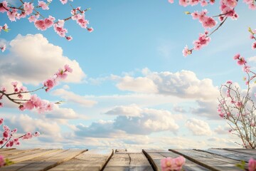 Top of wood table with pink cherry blossom flower on sky background - Empty ready for your product display or montage - generative ai