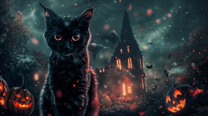 halloween black ghost cat trick or treat, jack o lantern