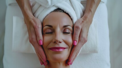 Relaxed Woman Receiving a Rejuvenating Facial Massage at a Spa During Daytime. Generative AI