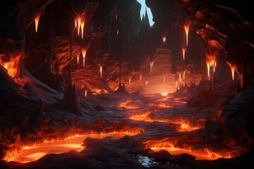 Fiery underworld landscape with glowing lava and rocky formations