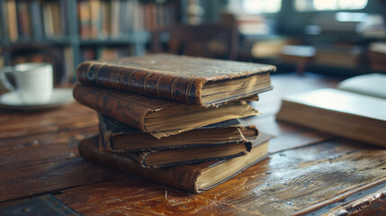 A stack of old books on a wooden table with a cup of coffee next to them