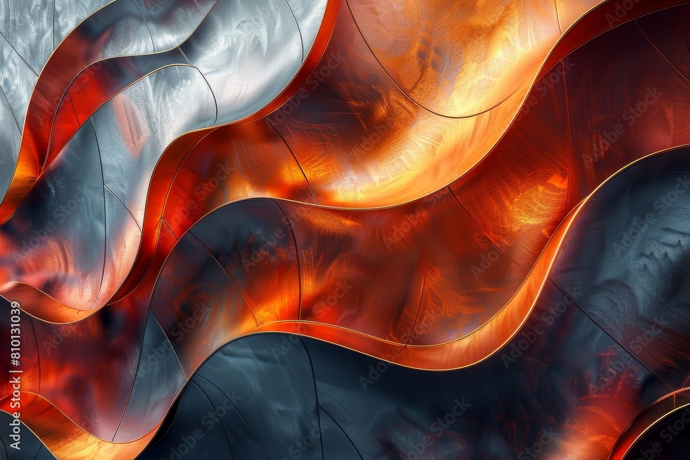 Poster this image captures an abstract design with wavy textures blending from cool blues to warm oranges, 