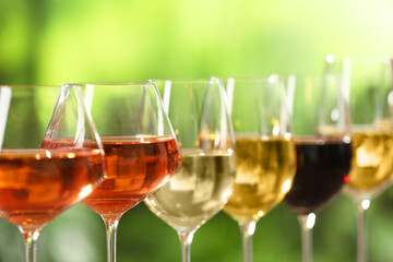 Different tasty wines in glasses against blurred background